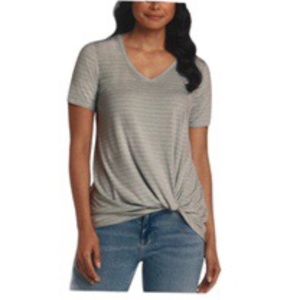 NWT Matty M Twist Knot Thin Horizontal Stripe V-Neck Stretch Knit Tee Top Size L